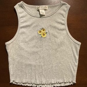 Cut & Paste Gray Tank Top with Sunflower Embroidery